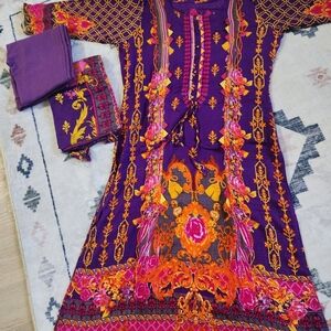 3pc Cotton Lawn Kameez Shalwar Dupatta Women Purple, Size M(36 Bust)